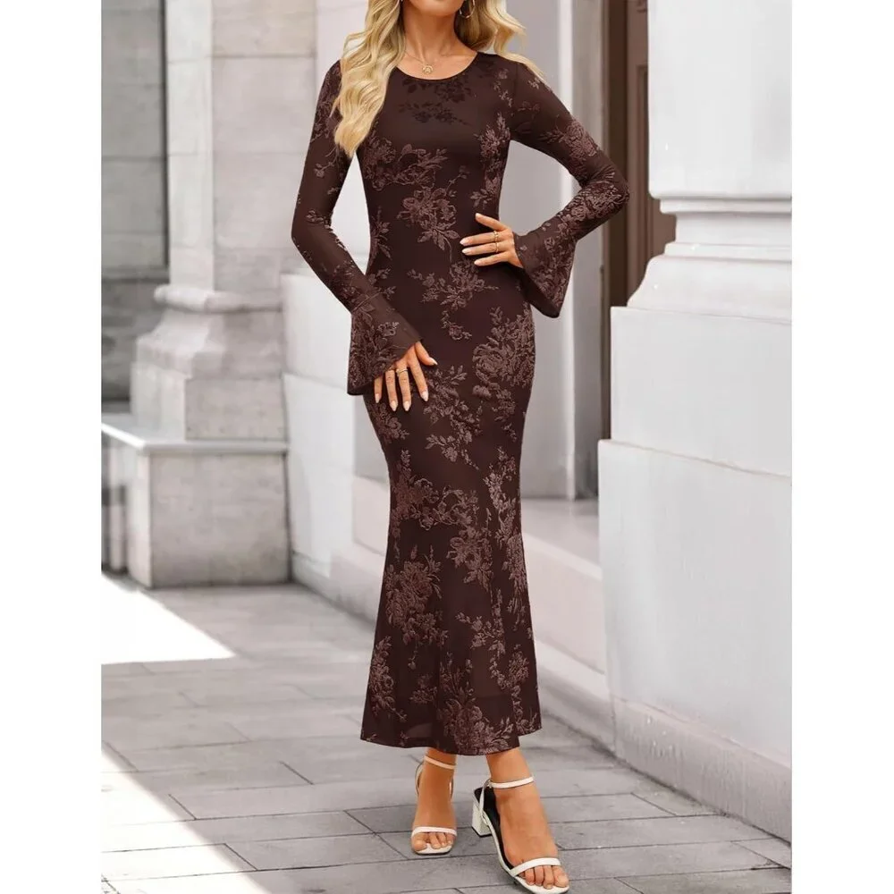 Women's Brown Long Sleeve Spring Fashion Bodycon Mesh Floral Maxi Dress